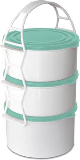 Recipient alimentar din plastic TORO cu 3 niveluri 2×1,3 l + 1,7 l, mix de culori ale capacelor