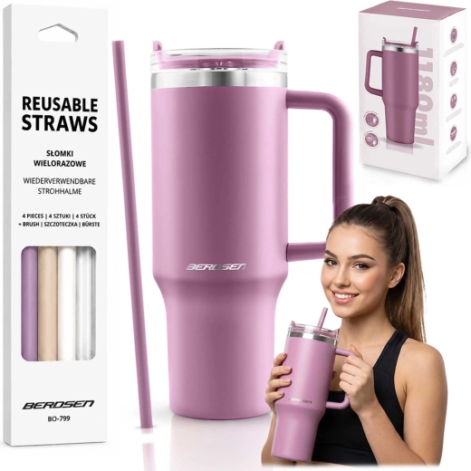 Termopahar Berdsen cu izolație în vid 1180 ml, cu set de paie, roz