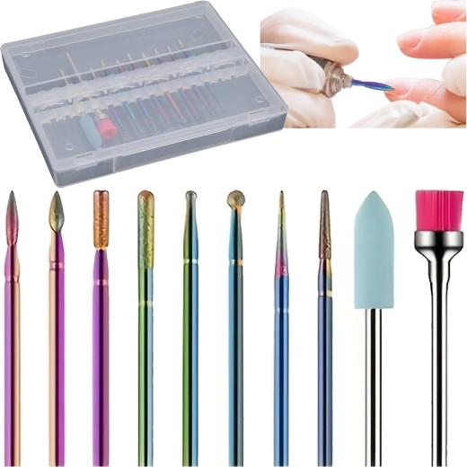 Set de freze diamantate și ceramice pentru unghii și cuticule, 10 bucăți în etui