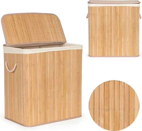 Coș de rufe din bambus ModernHome 150 l cu 3 compartimente și capac