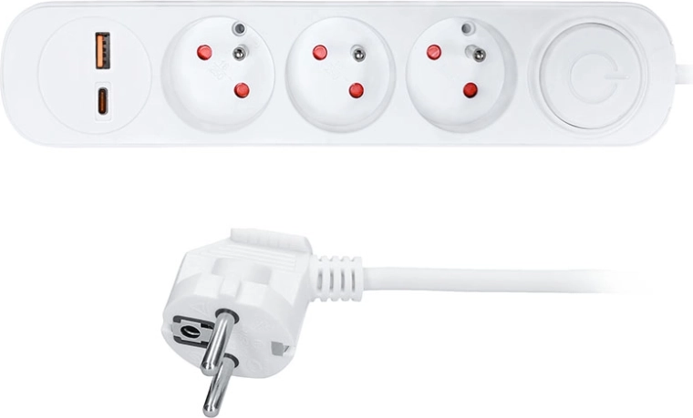 Prelungitor Solight cu 3 prize, USB-A și USB-C PD 20 W, 2 m, alb, cu întrerupător