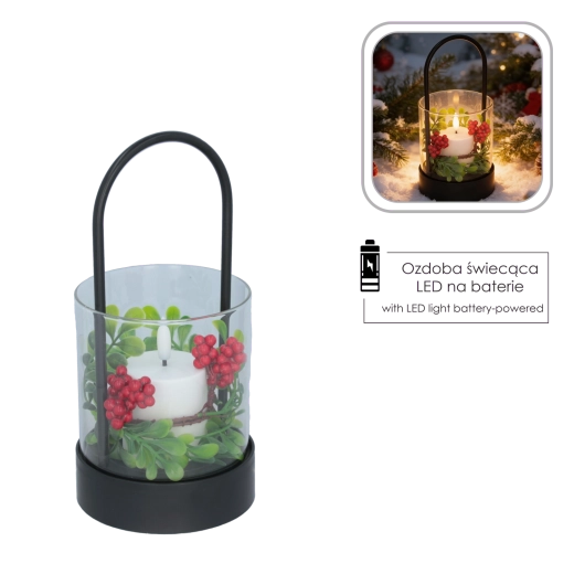 Felinar decorativ LED cu lumânare și coroniță de Crăciun 21,5 cm - 1 bucată