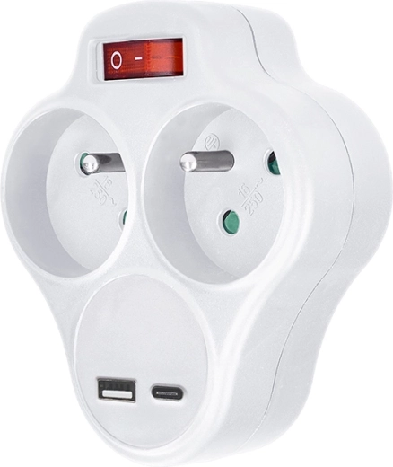 Distribuitor Solight cu prize și încărcare rapidă USB de 20 W PD, alb