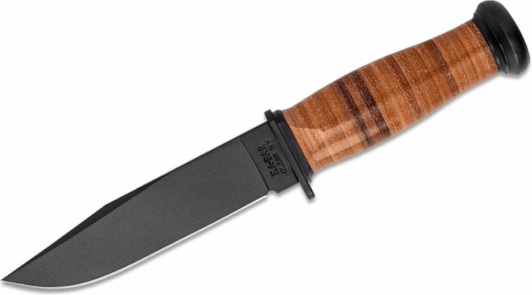 Cuțit tactic KA-BAR Mark 1, 12,8 cm, negru, mâner din piele, teacă din piele