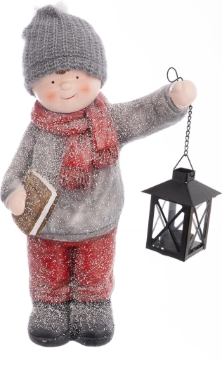 Decorațiune de Crăciun băiețel cu felinar din polirășină 39 cm
