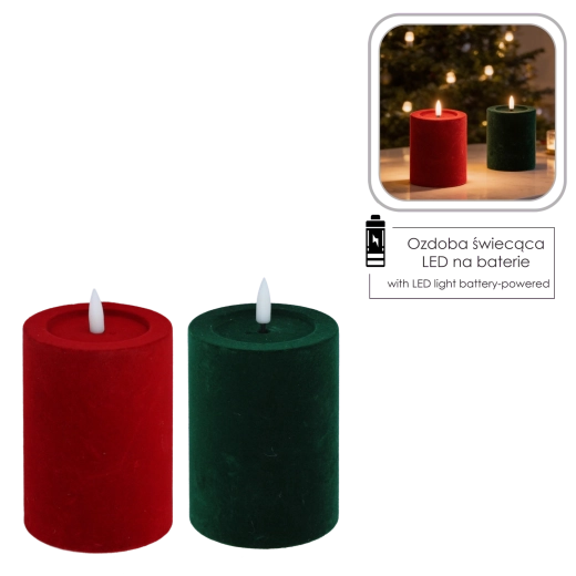 Lumânare LED de Crăciun din velur 7,5 × 13,5 cm roșie/verde - 1 bucată