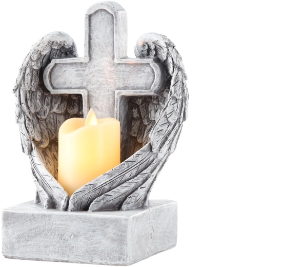 Decorațiune funerară cruce cu aripi de înger și lumânare LED