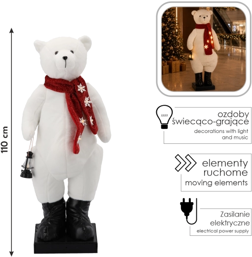 Decorațiune de Crăciun cu urs polar, iluminare LED, melodie și mișcare, 110 cm