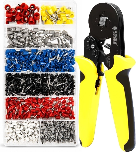 Clește de sertizat pentru ferule Renew Force 0,25–10 mm² cu set de 1800 ferule în organizator