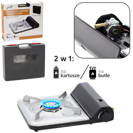 Aragaz turistic pe gaz 2‑în‑1 pentru cartușe și butelii 3,5 kW