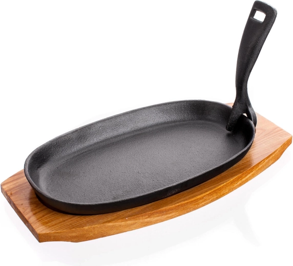 Tigaie ovală din fontă 23 × 14 cm cu tocător din lemn GRADA