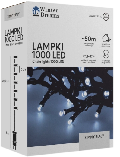 Instalație luminoasă LED cu 1000 de LED-uri, alb rece, 50 m