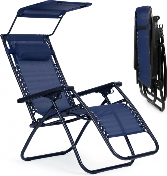 Șezlong de plajă pentru grădină, reglabil, cu copertină, albastru