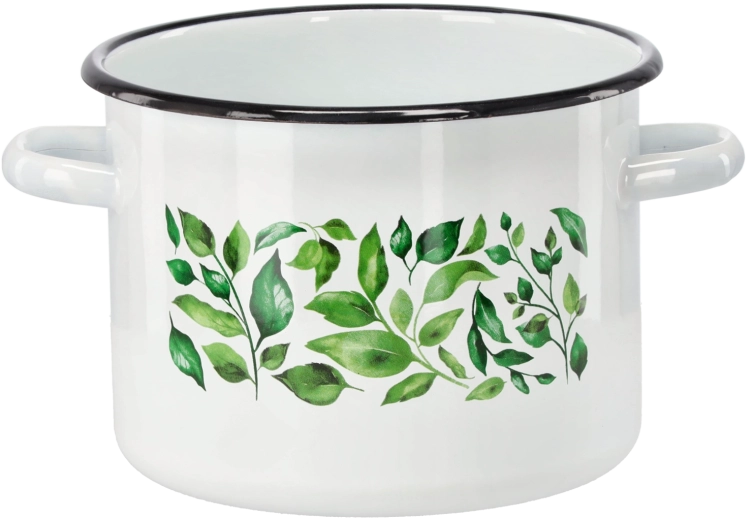 Oală emailată 4,5 l, 20 cm, albă cu motiv Ficus