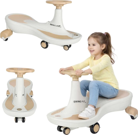 Vehicul de deplasare gravitațional pentru copii Swing Fix S4 cu roți LED și muzică, bej-alb