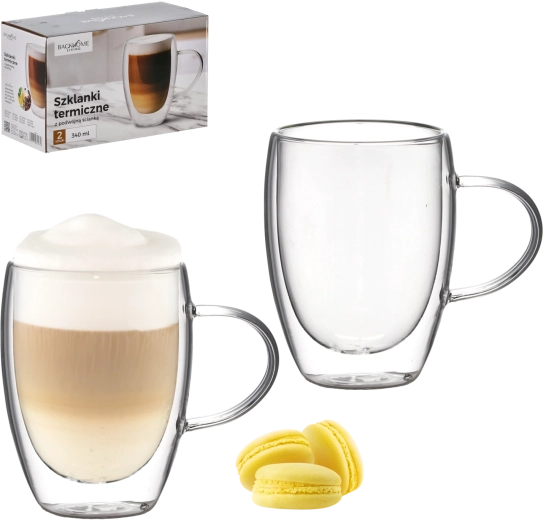 Set de 2 pahare termice din sticlă cu perete dublu și toartă 340 ml
