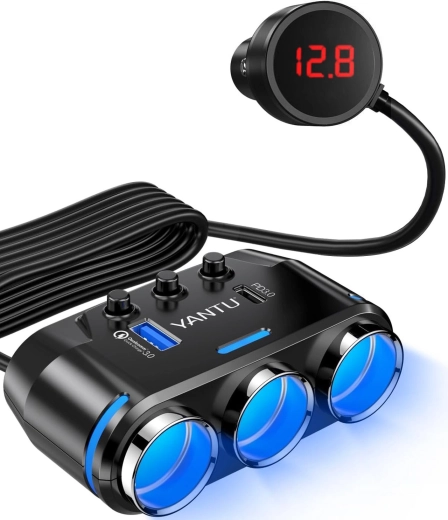 Splitter pentru bricheta auto Yantu cu 3 prize, USB și USB‑C - 1 bucată
