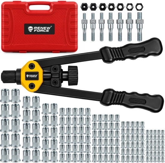 RENEW FORCE nituitor manual cu pârghie pentru piulițe nituibile M3–M12 cu set de 150 buc., debavurator și valiză