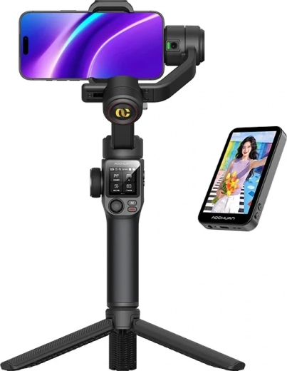 Aochuan S3 stabilizator pe 3 axe pentru telefon, cu ecran tactil, urmărire AI și lumină LED (negru)