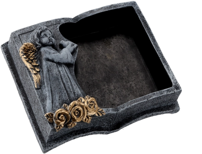 Ghiveci cimitir din ciment în formă de carte, gri închis cu detalii aurii 23 × 19 × 7,5 cm