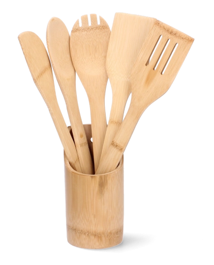 Set de bucătărie din bambus, 6 piese, cu suport
