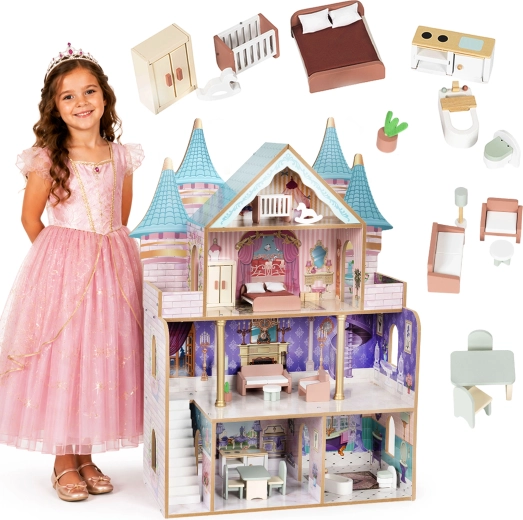 Ecotoys căsuță din lemn pentru păpuși Bella – castel de prințesă cu 4 etaje