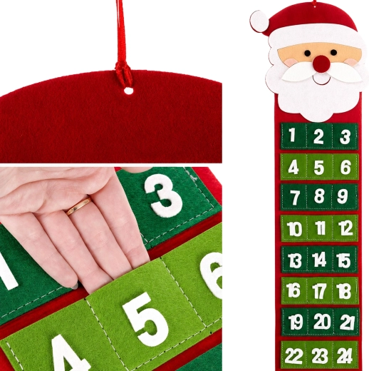 Calendar de advent din fetru, suspendat, cu Moș Crăciun și 24 de buzunare, 65 cm