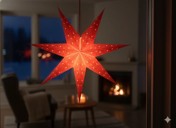 Stea de Crăciun din hârtie 60 cm roșie cu broderie aurie