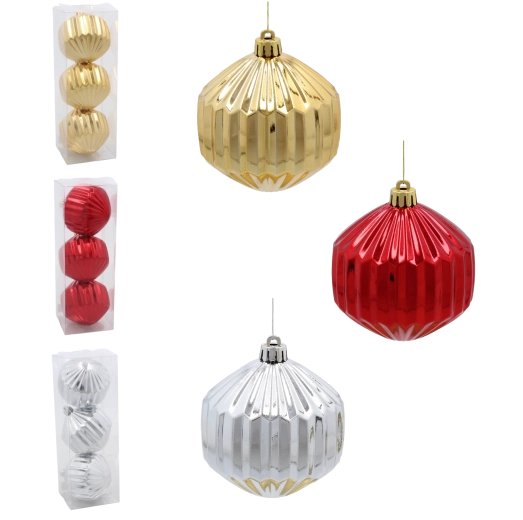 Set de globuri de Crăciun 8 cm – roșu, auriu și argintiu, ornamente lucioase cu nervuri (3 buc)