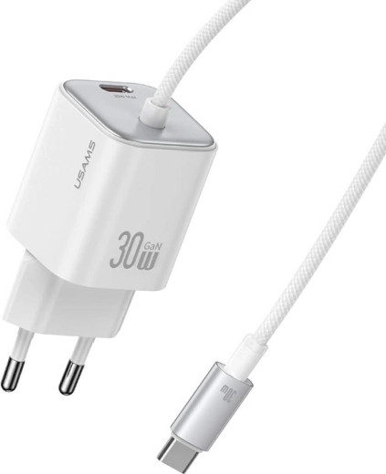 USAMS seria JC CC264 încărcător rapid GaN 30 W cu cablu USB‑C integrat (alb)