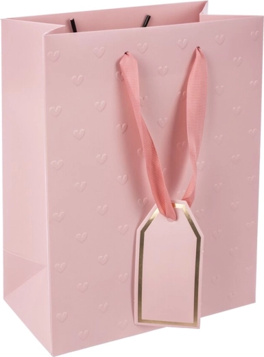 Pungă cadou din hârtie, roz, cu inimioare în relief 18 × 10 × 23 cm