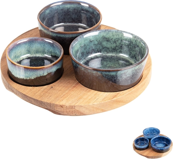 Set de servire cu boluri ceramice pe tavă din lemn de salcâm