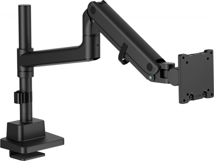 Suport de monitor cu un singur braț, cu clemă de birou și arc cu gaz, până la 57" / 27 kg, VESA 75x75 și 100x100, negru