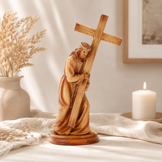 Figurină a lui Iisus purtând crucea, din polirezină, 31,5 cm