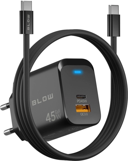 Încărcător de rețea BLOW GaN 45 W (USB-C PD + USB-A QC 3.0) cu cablu USB-C–USB-C