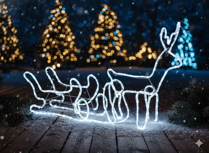 Reni LED de Crăciun cu sanie 120 × 27 × 66 cm – alb rece cu flash rece (clipire)