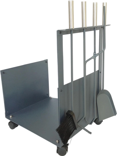 Coș pentru șemineu cu unelte 62 cm – oțel și lemn, gri, set 4 piese