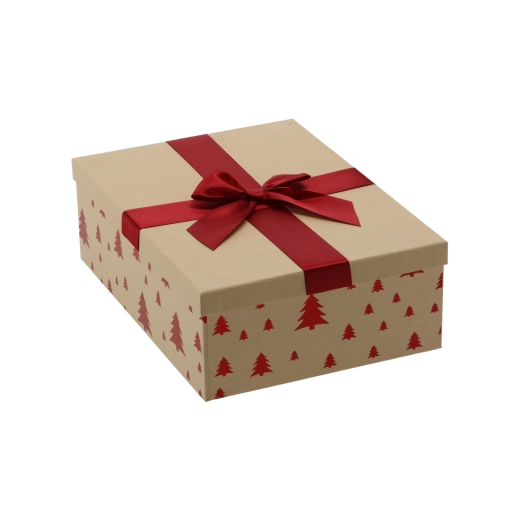 Cutie cadou de Crăciun maro cu fundă bordo 26,5 × 18 × 7 cm