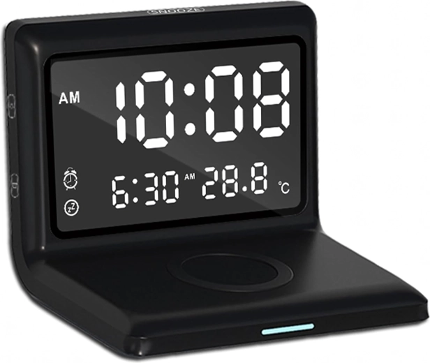 Ceas deșteptător digital 3‑în‑1 cu încărcare wireless 15 W și termometru, afișaj tip oglindă