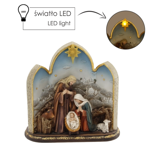 Figurină de Crăciun – iesle cu Sfânta Familie și stea LED 21 × 10 × 21 cm