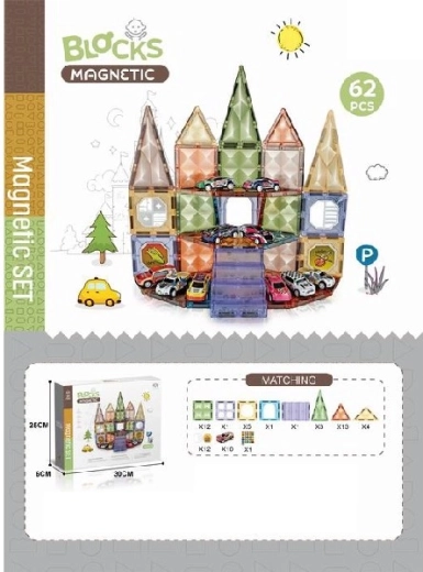 Seturi de construcție magnetice cu mașinuțe, 62 piese