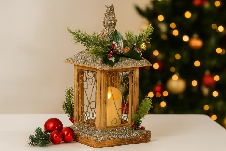 Felinar decorativ de Crăciun din lemn cu LED și lumânare 18 × 18 × 38 cm