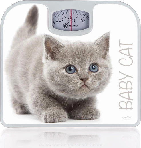 Cântar mecanic personal cu decor de pisicuță, alb