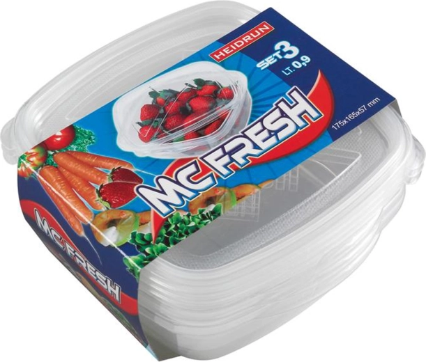 Cutii pătrate din plastic cu capac HEIDRUN McFresh 0,9 l, set 3 buc