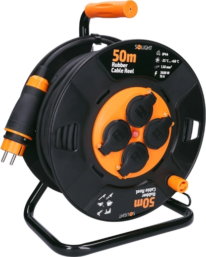 Solight cablu prelungitor de exterior pe tambur 50 m, 4 prize, cablu de cauciuc, IP44
