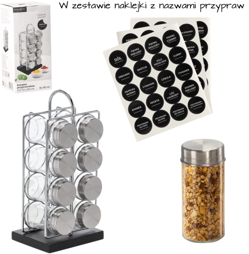 Suport dreptunghiular pentru condimente cu mâner și 8 borcane, argintiu‑negru, 12 × 10 × 26,5 cm