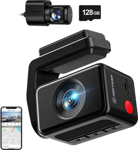 Cameră de bord REDTIGER F4 Pro WiFi 4K + 1080p cu card de 128 GB