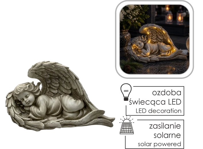 Figurină de înger culcat cu iluminare solară LED