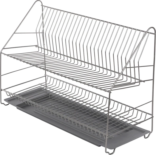 Suport de uscare pentru vase pe două niveluri, 60 cm, argintiu, cu tavă de scurgere