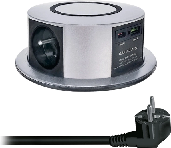 Solight bloc de prize retractabil în blat 3× 230 V + USB-A/USB-C PD 20 W cu încărcare wireless Qi 10 W, 2 m, argintiu